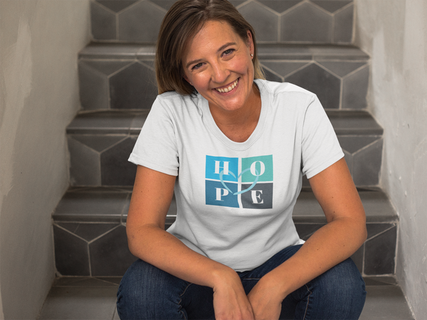 Hope With Heart-Aqua T-Shirt / Love is Fearless - Janet Newberry Collection