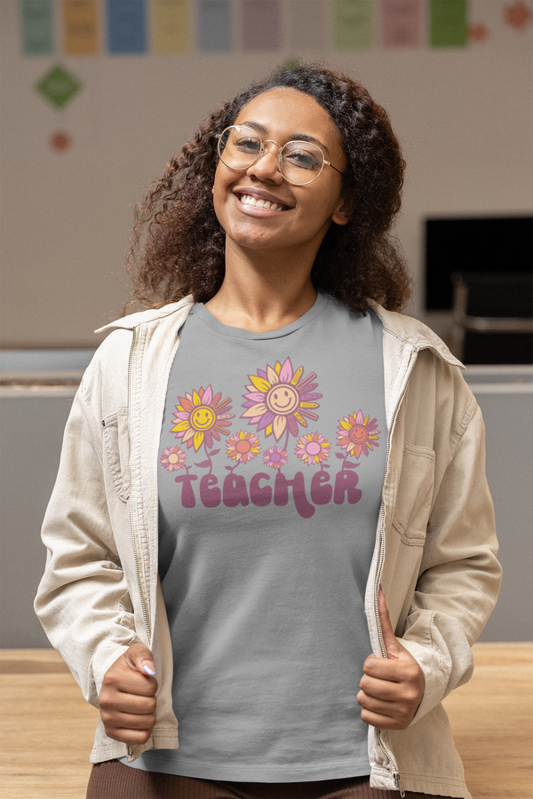 Teachers - Retro Teacher With Flowers T-Shirt