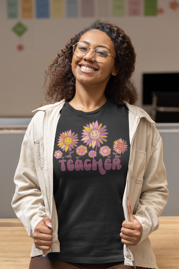 Teachers - Retro Teacher With Flowers T-Shirt